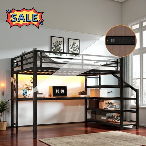 Tcbosik Loft Bed Queen Size with Charging Station and LED Lights, Study ...