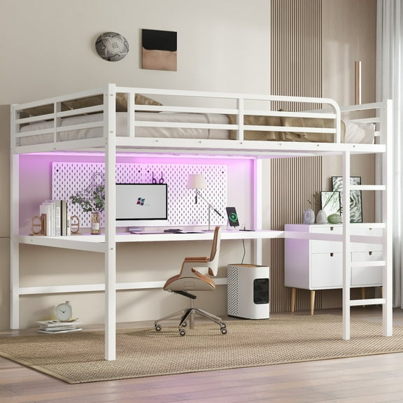 Tcbosik Loft Bed Queen Size with Charging Station and LED Lights, Writing Desk and Pegboard, Metal Bed Frame with Full Length Guardrail and Built-in Ladder, Space Saving, Noise-Reduced, Off White