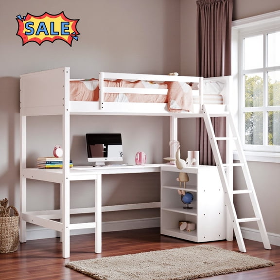 Tcbosik Loft Bed Twin Size, Bed Frame with Desk and Storage Shelves, Inclined Ladder and Safety Guardrail, Wood Slats Support, Easy Assembly, White
