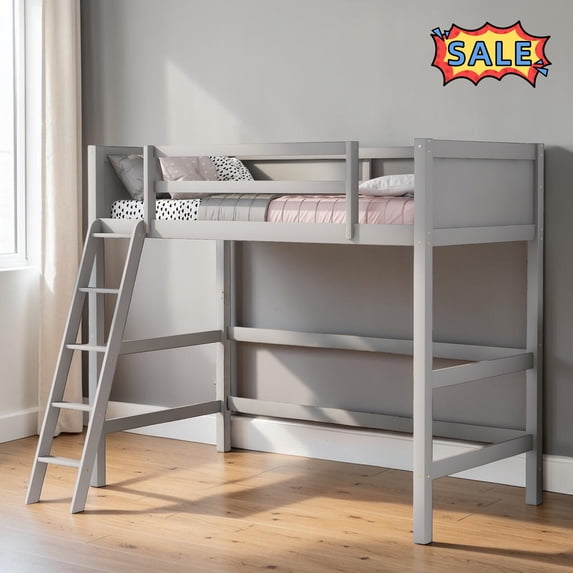 Tcbosik Loft Bed Twin Size, Bed Frame with Ladder and Guardrail, Wood Slats Support, No Box Spring Needed, Gray