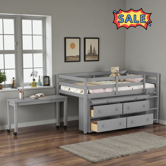 Tcbosik Loft Bed Twin Size with Rolling Desk, Open Shelves and Storage Drawers, Bed Frame with Guardrails and Ladder, Wood Slat Support, No Box Spring Needed, Gray