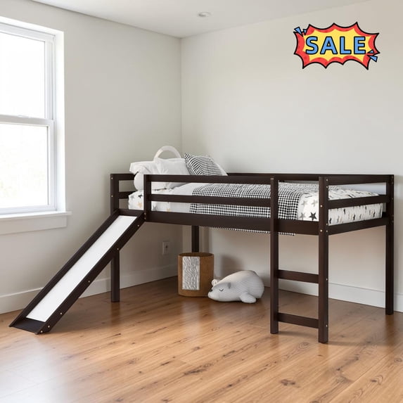 Tcbosik Loft Bed Twin Size, Wood Bed Frame with Slide and Ladder, No Box Spring Needed, Espresso