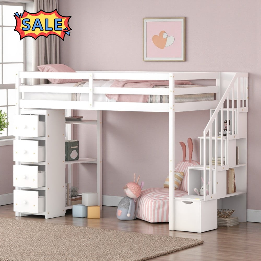 Tcbosik Loft Bed Twin Size with Open Shelves and 4 Storage Drawers, Bed ...