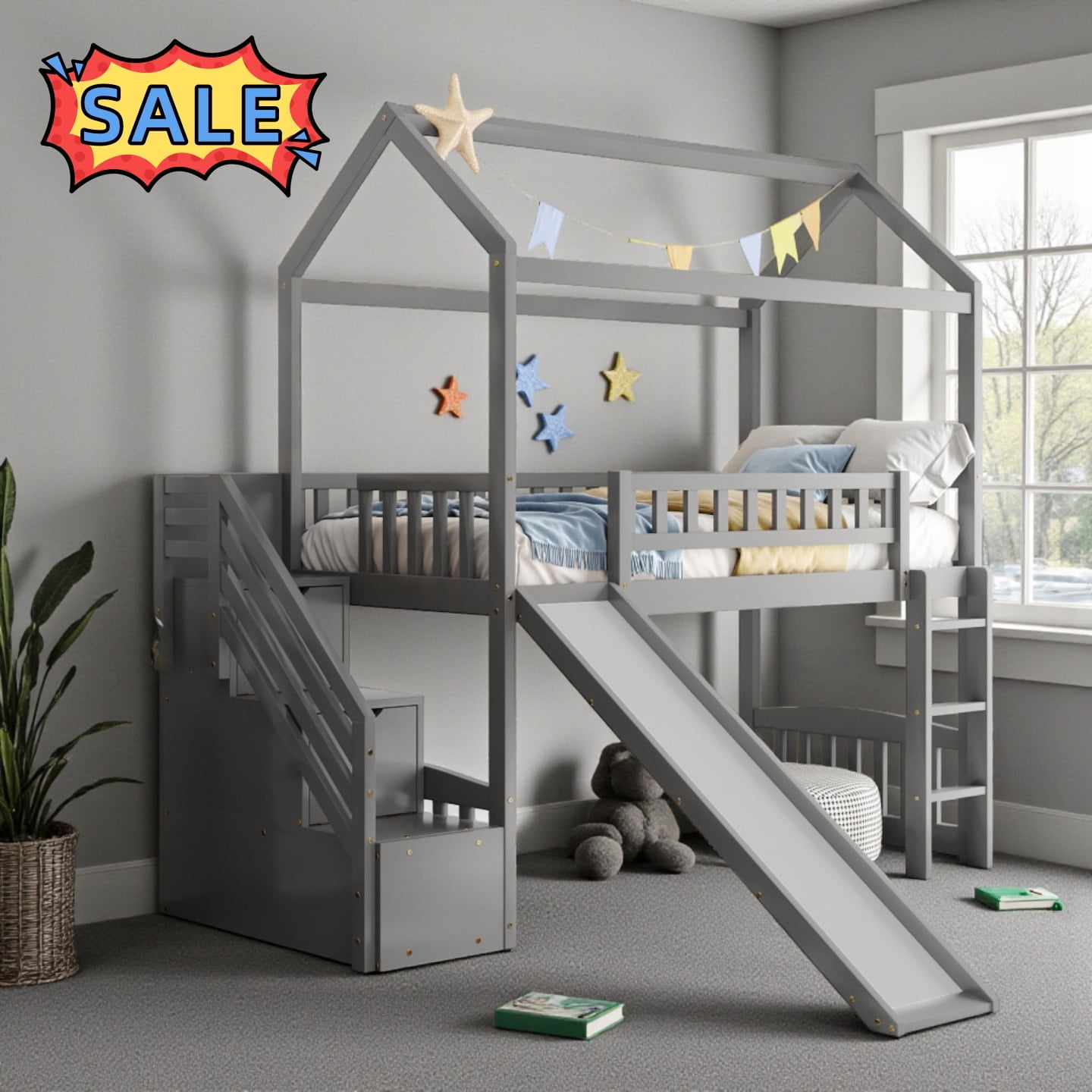 Tcbosik Loft Bed Twin Size with Slide and 2 Drawers, Wood Bed Frame ...