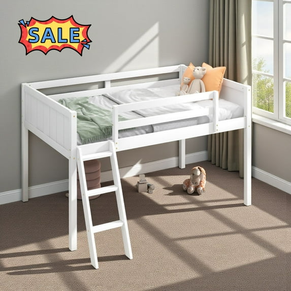 Tcbosik Loft Bed with Built-in Ladder and Full Length Guardrail, Twin Size Bed Frame for Bedroom, Wood Slats Support, No Box Spring Needed, White