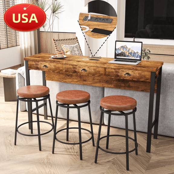 Tcbosik Long Dining Table Set with 3 Circular PU Stools, 3-Drawers Bar Table Set with Power Outlets, Counter Table Set for Small Space Home Apartment, Brown