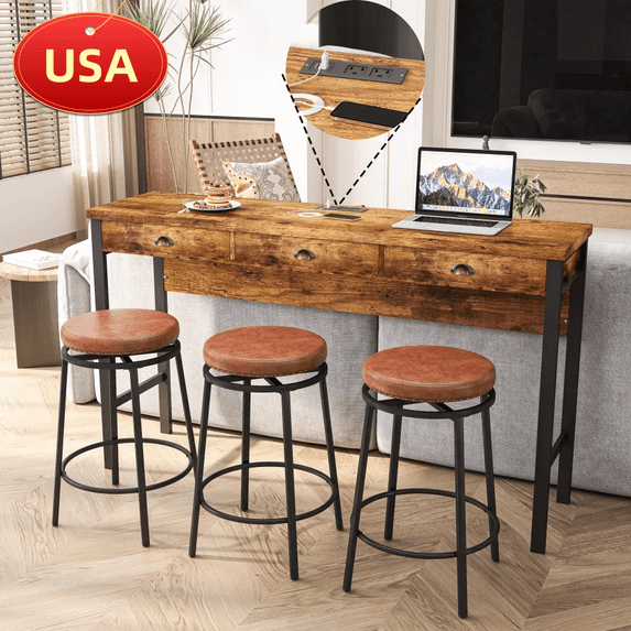Tcbosik Long Dining Table Set with 3 Circular PU Stools, 3-Drawers Bar Table Set with Power Outlets, Counter Table Set for Small Space Home Apartment, Brown