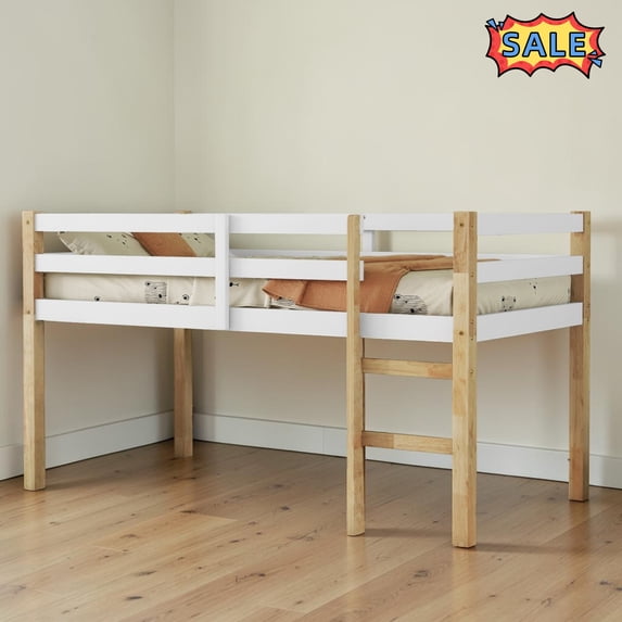 Tcbosik Low Loft Bed, Twin Size Wood Bed Frame with Guardrail and Ladder, Easy Assembly, Natural & White