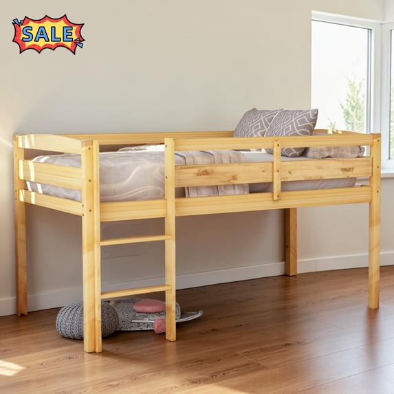 Tcbosik Low Loft Bed Twin Size, Wood Bed Frame with Ladder and Guardrail for Bedroom, Walnut