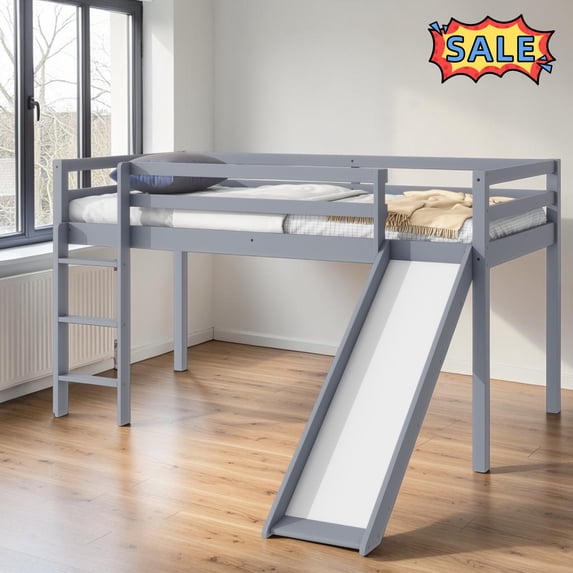 Tcbosik Low Loft Bed Twin Size with Slide and Ladder, Wood Bed Frame with Safety Guardrail, No Box Spring Needed, Grey