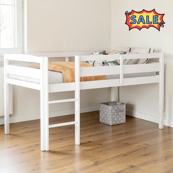 Tcbosik Low Loft Bed with Ladder, Twin Size Wood Bed Frame with Guardrail for Bedroom, No Box Spring Needed, White