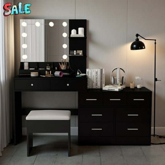 Tcbosik Makeup Desk with Mirror and LED Lights, 59" Large Vanity and Dresser Combo with Padded Stool, Dressing Table with Charging Station, 9 Drawers, Open Shelves and Storage Compartments, Black