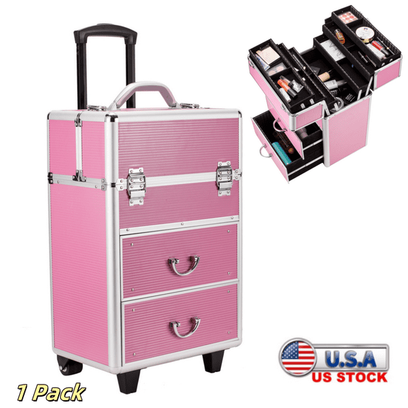 Tcbosik Makeup Train Case, Professional Aluminum Cosmetic Trolley Organizer with Lock and Adjustable Handle for Makeup Artist, Hairstylists, Pink