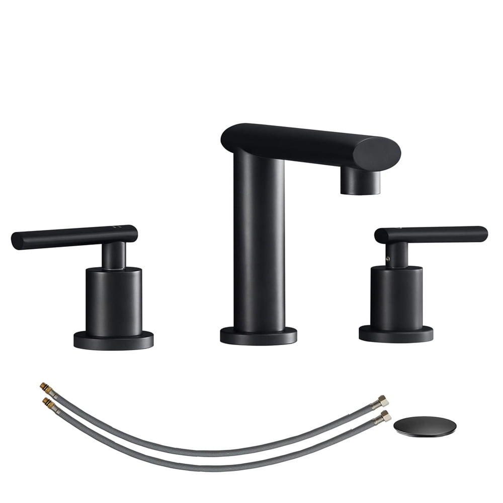 Tcbosik Matte Black 2-Handles Modern Vanity Faucet with Pop Up Drain Assembly and Lead-Free Supply Hose, ,8-Inch 3 Hole Waterfall Bathroom Sink Faucet for Washroom and Kitchen