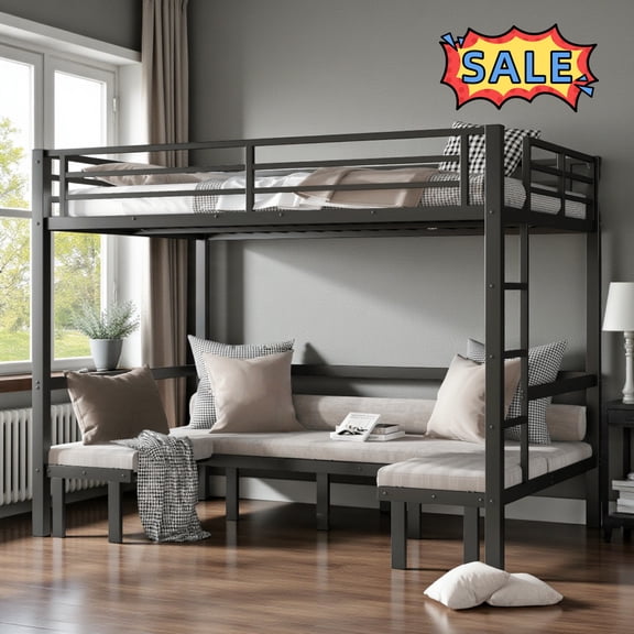 Tcbosik Metal Bunk Bed Queen Over Queen Size, Convertible Bed Frame with Sofa, Built-in Ladder and Full Length Guardrail for Bedroom, Black