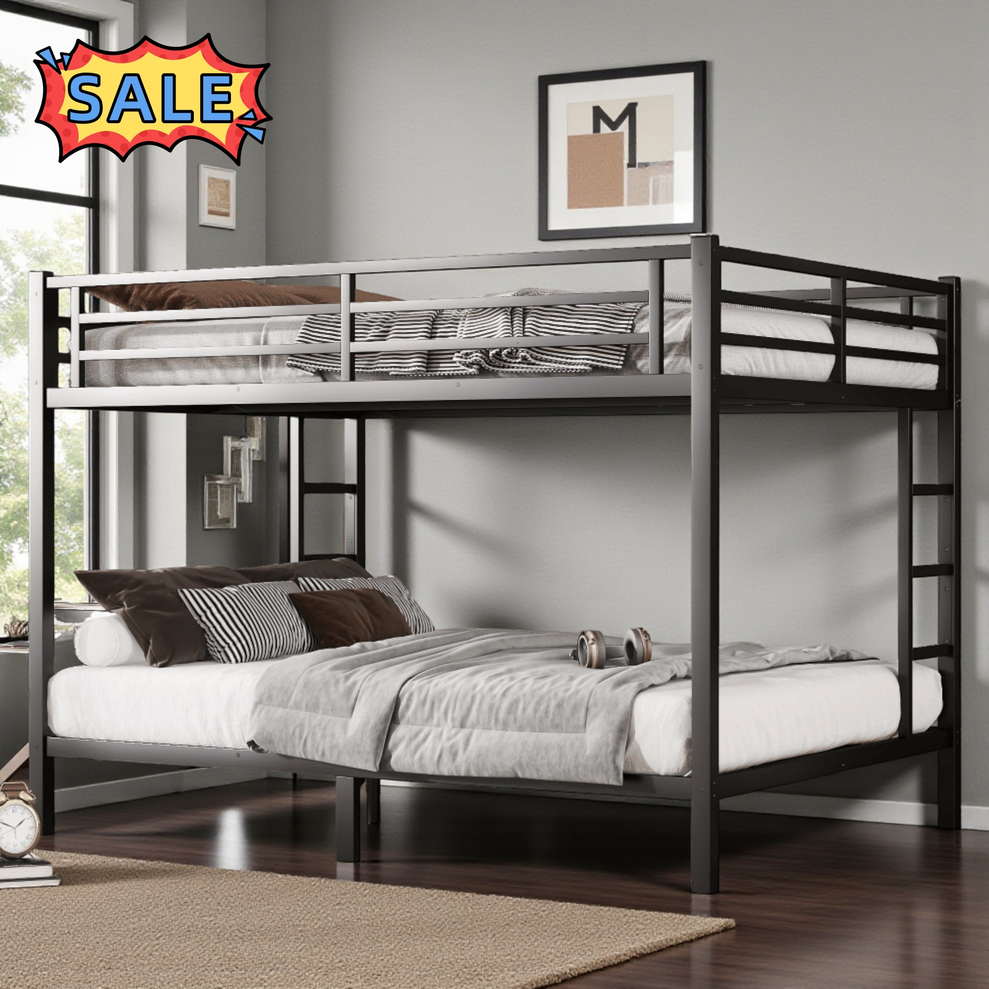 Tcbosik Metal Bunk Bed Queen Over Queen Size with Ladder & Guardrail