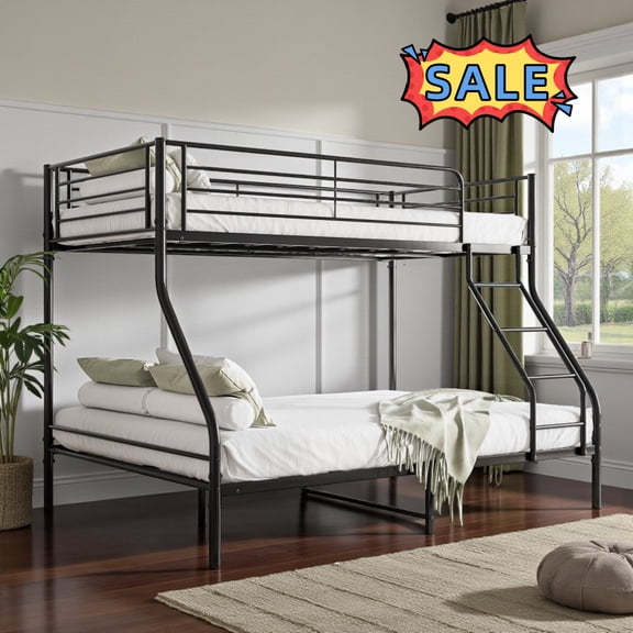 Tcbosik Metal Bunk Bed Twin Over Full Size, Heavy Duty Bed Frame for Small Space, Bedroom, Easy Assembly, Black