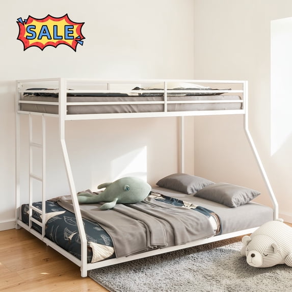 Tcbosik Twin Over Full Bunk Bed with Metal Frame, Bed Frame with Built-in Ladder and Full Length Guardrail for Teens Adults, Space-Saving, White
