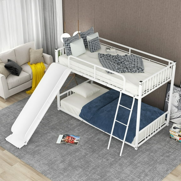 Tcbosik Metal Bunk Bed With Slide, Twin Over Twin, White