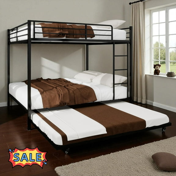Tcbosik Metal Bunk Bed with Trundle Full Over Full Size, Heavy-Duty Bed Frame with Safety Rail for Bedroom, Black
