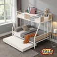 thumbnail image 1 of Tcbosik Metal Bunk Bed with Trundle, Twin Over Full Size Bed Frame with Side Ladders and Safety Guardrail, Space Saving, White & Oak, 1 of 10