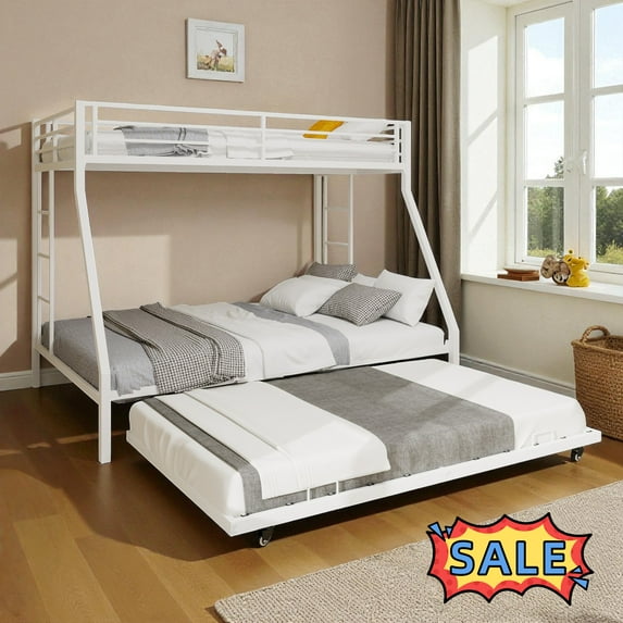 Tcbosik Metal Bunk Bed with Trundle, Twin XL Over Queen Size Bed Frame with Safety Guardrail & Side Ladders for Bedroom, White