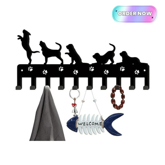 Tcbosik Metal Coat Rack with Dog-Themed Dog Design, Wall Mount Key Holder for Hanging Hats Towels, Black