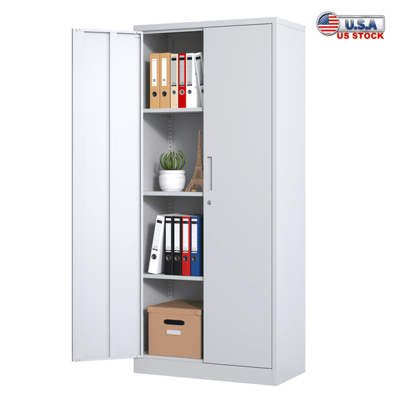 Tcbosik Metal Garage Storage Cabinet - Lockable File Cabinet - 71"H Utility Locker with Adjustable Shelves for Tool Storage - White
