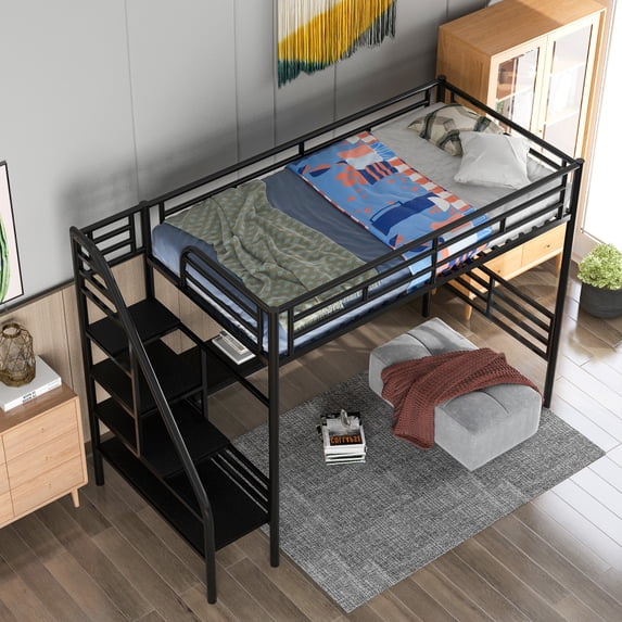 Tcbosik Metal Loft Bed Frame With Desk, No Box Spring Needed,Twin ,Black