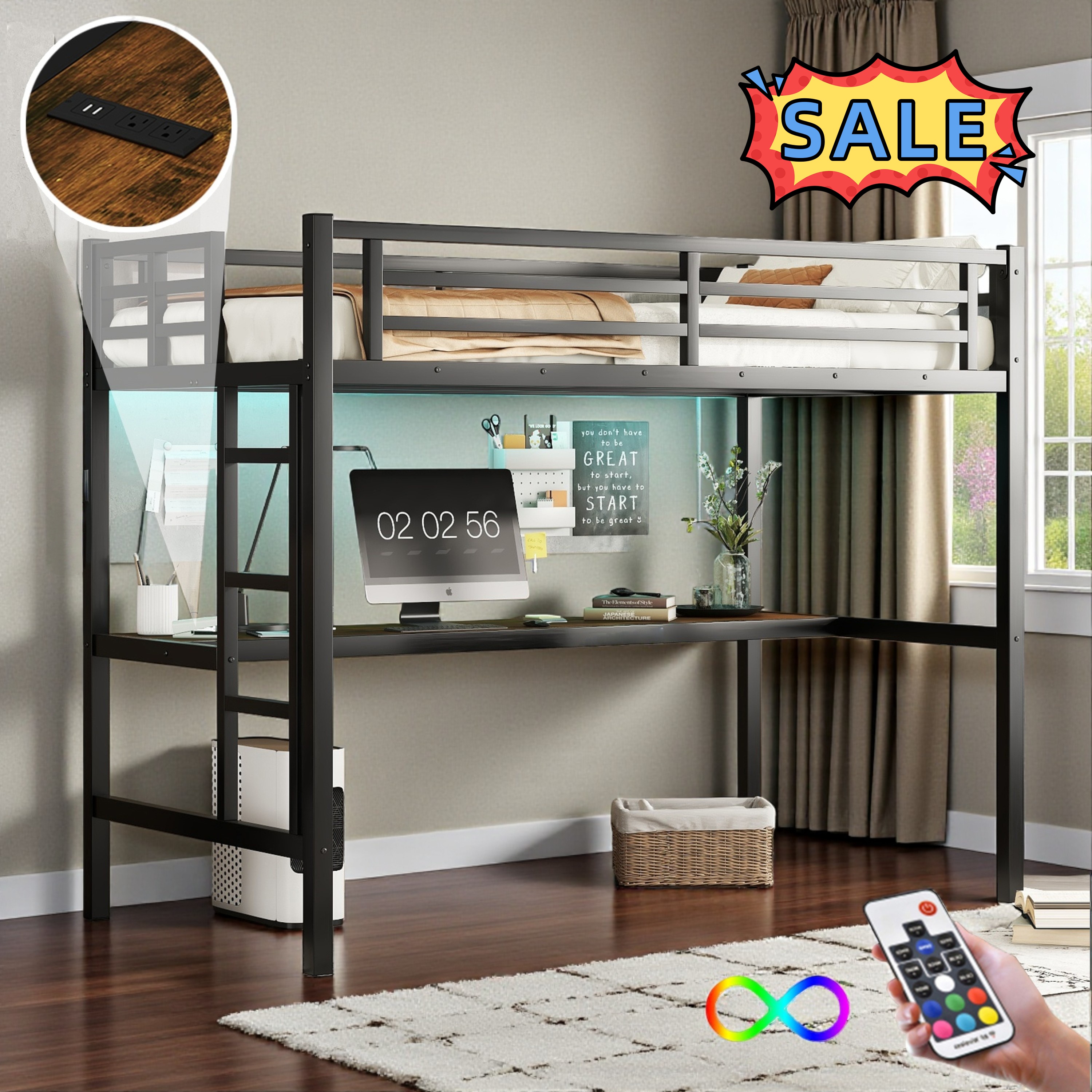 Tcbosik Metal Loft Bed Twin XL Size with Desk, Heavy Duty Bedframe with ...