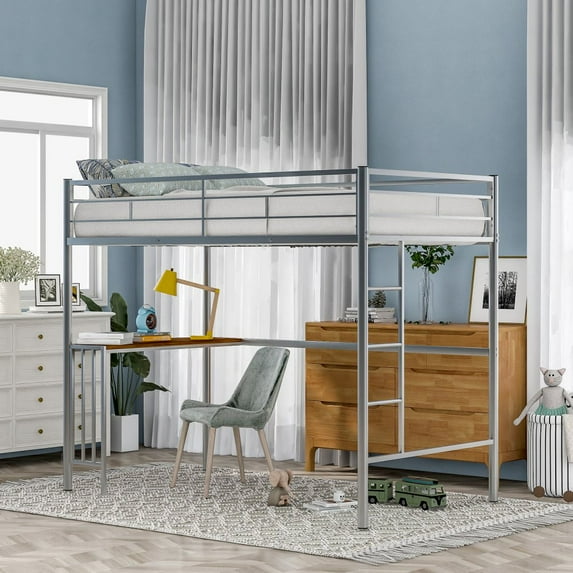 Tcbosik Metal Loft Bed with Desk Ladder Guardrails, Silver