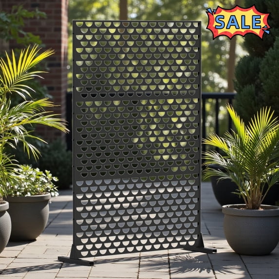 Tcbosik Metal Privacy Screen for Outdoor & Indoor, Freestanding Decorative Fence Panel, Divider Screen with Semi-Circular Pattern for Garden, Patio, Deck, Balcony, Black