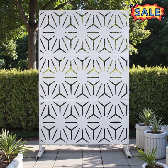 Tcbosik Metal Privacy Screen for Outdoor & Indoor Use, Free Standing Privacy Fence for Patio, Garden, Poolside, 76"H x 48"W Decorative Privacy Panel, Easy Assembly, White
