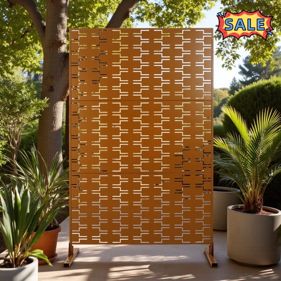 Tcbosik Metal Privacy Screen for Indoor Outdoor, Freestanding Decorative Divider for Balcony, Deck, Lawn, Patio, Garden, Backyard, Poolside, Brown