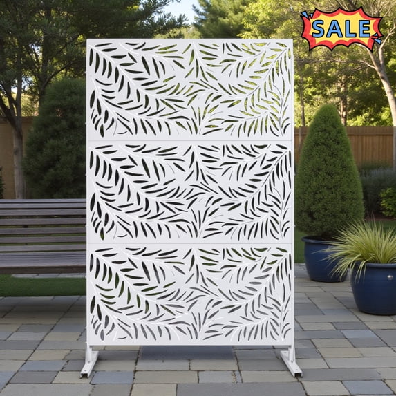 Tcbosik Metal Privacy Screen with Stand, 76"H x 48"W Outdoor Freestanding Privacy Screen & Panels for Deck, Patio, Balcony, White
