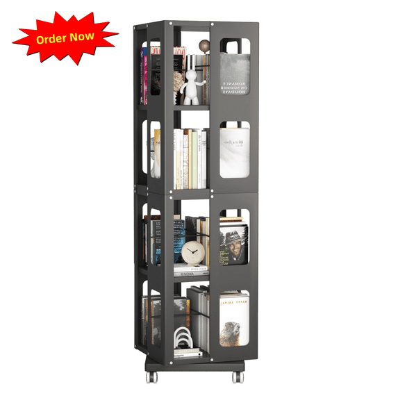 Tcbosik Metal Rotating Bookshelf on Wheels, 4-Tier Revolving Bookcase, Rolling Storage Rack for Home Office, Display Organizer for Living Room, Bedroom, Black