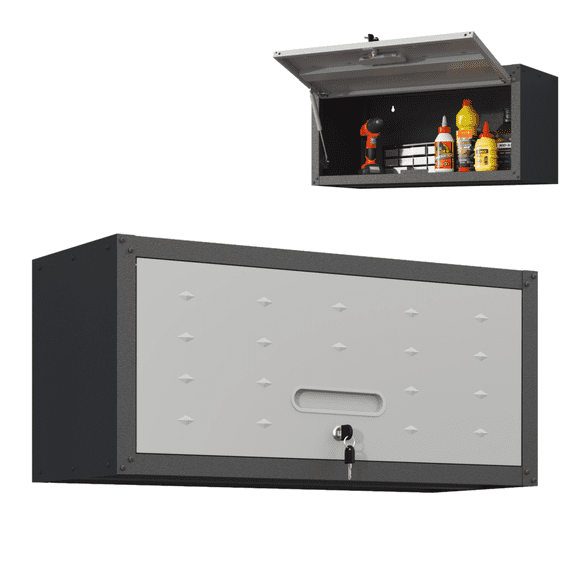 Tcbosik Metal Storage Cabinet, 30" Wall-Mounted Steel Garage Tool Cabinet with Lockable for Home Office School, Black & Gray