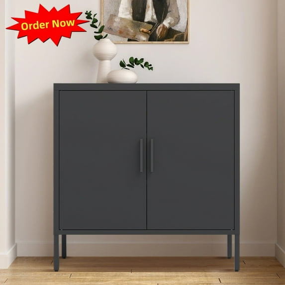 Tcbosik Metal Storage Cabinet, Small Buffet Cabinet with Adjustable Shelves, Coffee Bar Cabinet with 2 Doors, Console Cabinet for Entryway, Kitchen, Living Room, Black