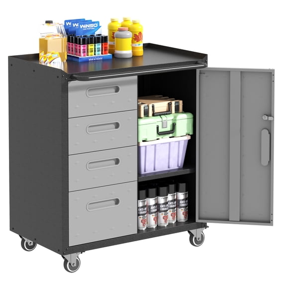 Tcbosik Metal Storage Cabinet on Wheels, Rolling Garage Storage Cabinet, Lockable Tool Cabinet with 4 Drawers for Home Office, Black & Gray