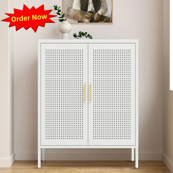 Tcbosik Metal Storage Cabinet with 2 Doors, Accent Cabinet with Adjustable Shelves, Buffet Sideboard for Kitchen, Living Room, Dining Room, White