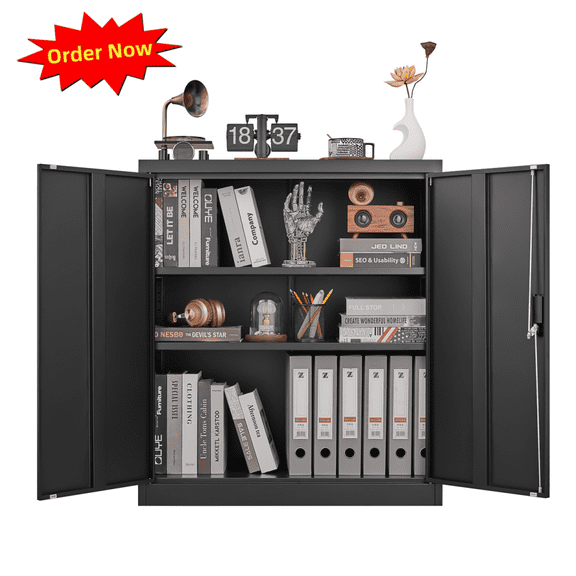 Tcbosik Metal Storage Cabinet with Lock, Home Office Cabinet with Adjustable Shelves and 2 Doors, Small Cabinet for Garage, Shop, Gym, Black