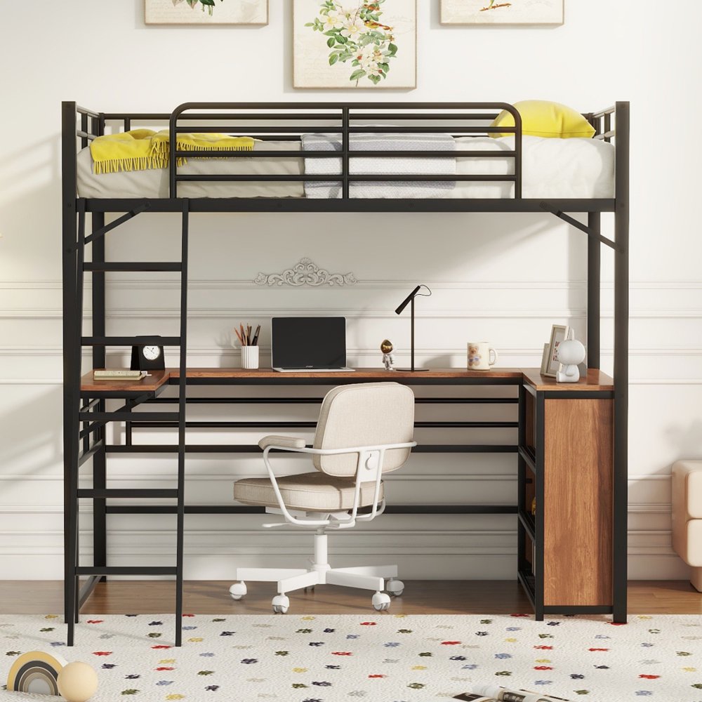 Tcbosik Metal Twin Size Loft Bed, Loft Bed with L-Shape Desk and 3 ...