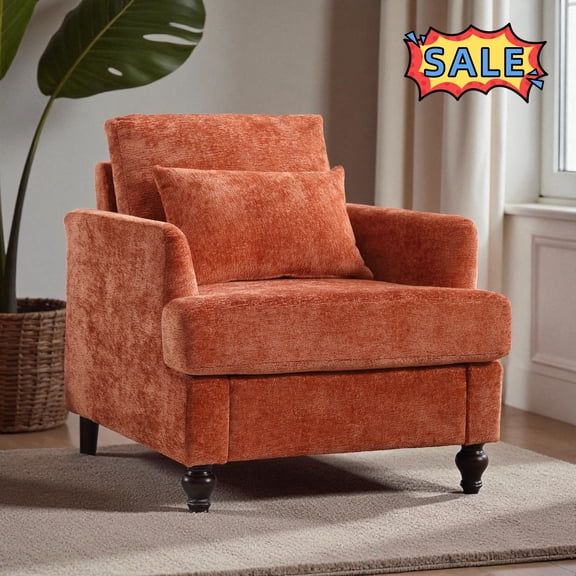 Tcbosik Mid Century Accent Chair, Chenille Fabric Upholstered Armchair, Single Sofa Chair with Wood Frame for Living Room, Bedroom, Dark Orange