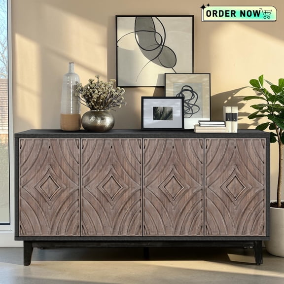 Tcbosik 60" Modern 4-Door Buffet Sideboard, Cupboard with Adjustable Shelf, Coffee Bar Cabinet, Accent Storage Cabinet for Kitchen, Living Room, Dining Room, Antique Brown