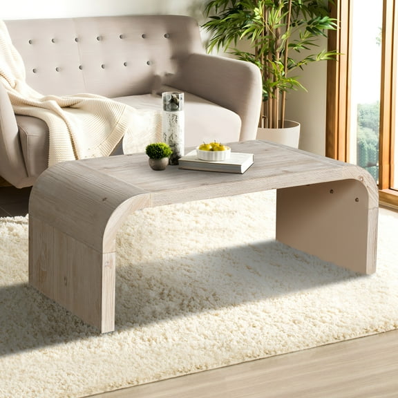 Tcbosik Minimalist Coffee Table, Vintage Cocktail Table with Curved Art Decor Design, Center Table for Living Room, Antique White & Natural