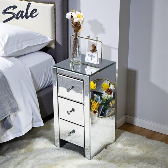 Tcbosik Mirrored 3-Drawer Nightstand - Elegant Silver Storage Bedside Table with Crystal Knobs, Easy Assembly, 11.81"L x 11.81"W x 23.62"H