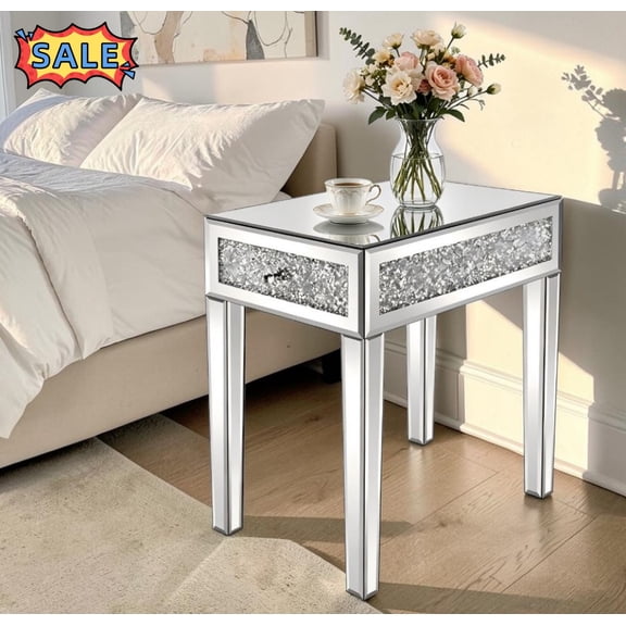 Tcbosik Mirrored Nightstand, 13.8" Bedside Table with Storage Drawer for Small Space, Living Room, Bedroom, Easy Assembly, Silver