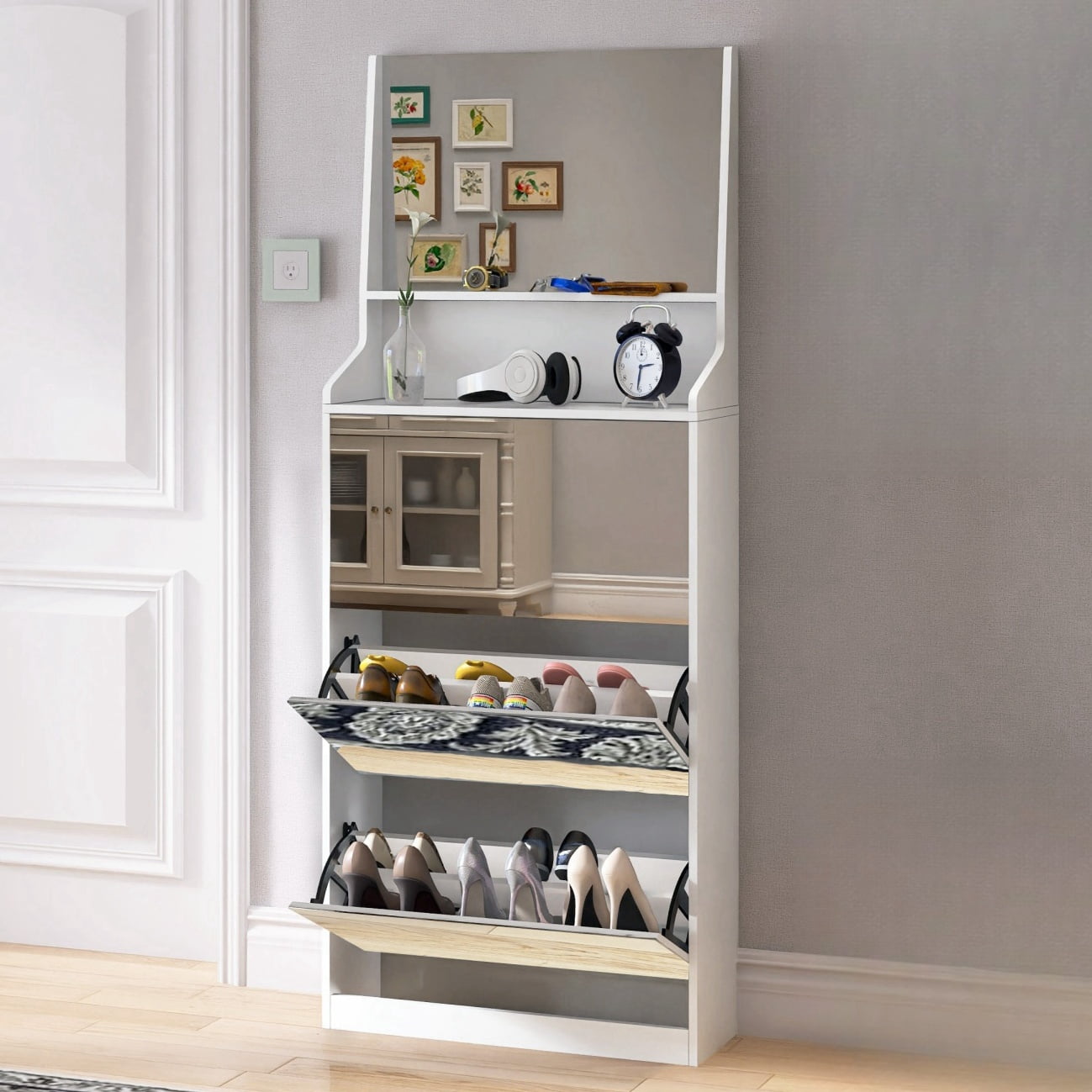 Tcbosik Mirrored Shoe Cabinet with Open Shelf and 3 Flip Drawers ...