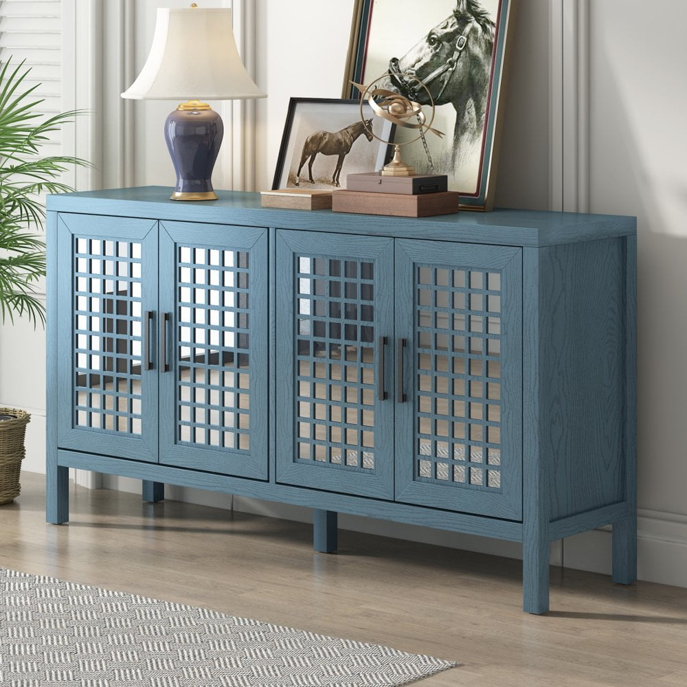 Tcbosik Mirrored Sideboard with Closed Grain Pattern Design and 4 Doors