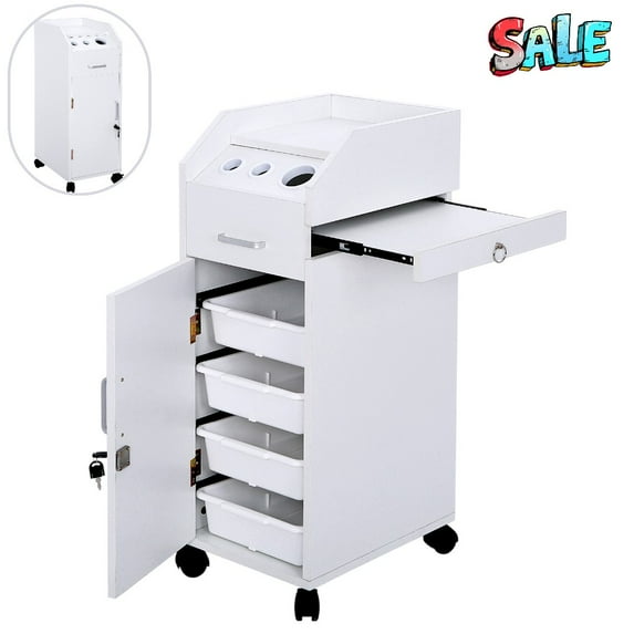 Tcbosik Mobile Salon Cart with Locking Cabinet & Sliding Side Tray – Hair Stylist Rolling Storage Trolley with Tool Holders & 4 Removable ABS Drawers, White